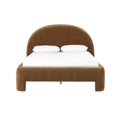 Nina Queen Bed Frame in Chai dressed front view - queen upholstered bed frame by LH Imports - Whats New Furniture Portland OR
