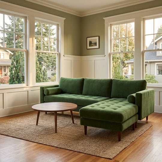 Nirvana Sofa Chaise in Vintage Moss styled in Portland home - Whats New Furniture