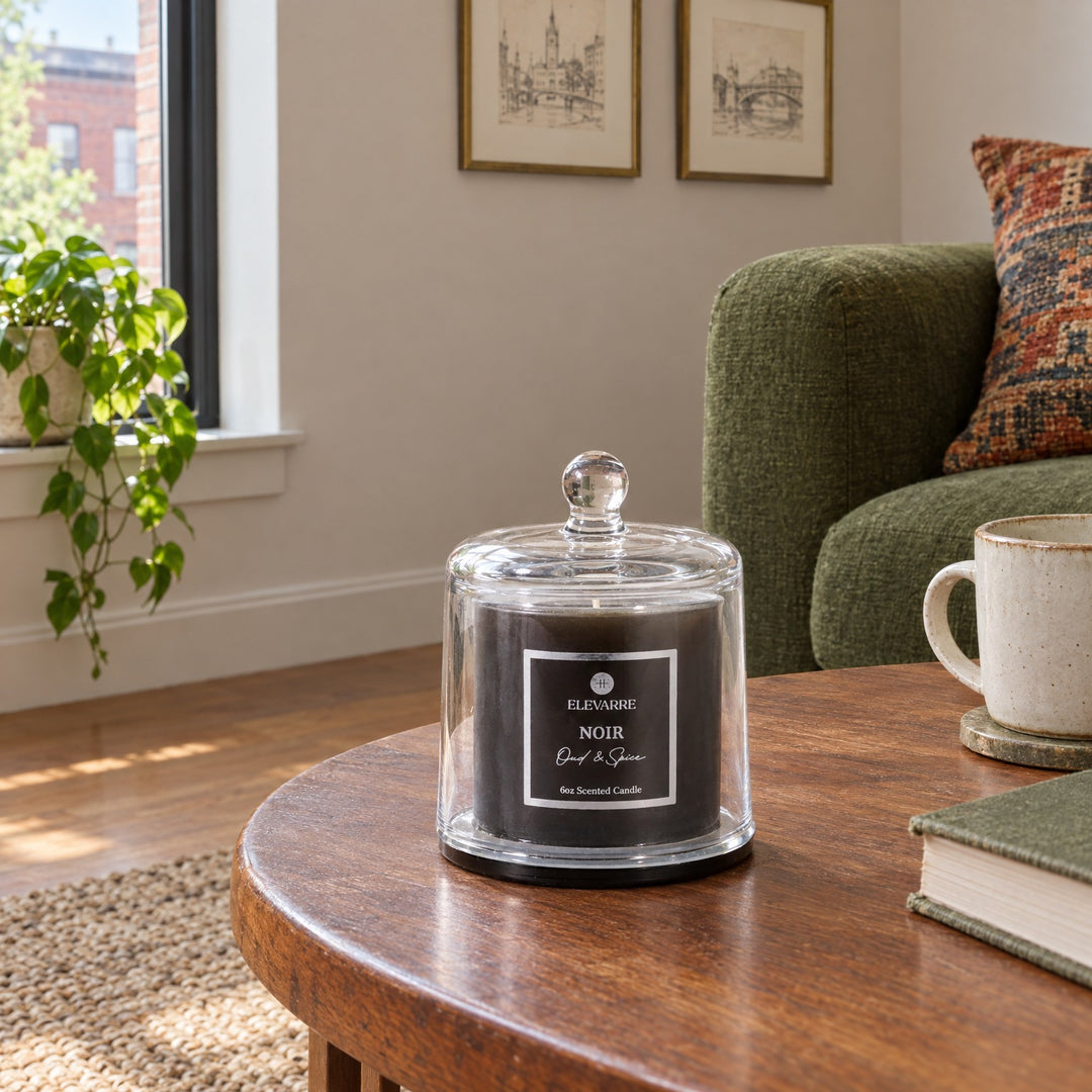 Noir Oud &amp; Spice Cloche Candle, 6 oz styled in a Portland living room - Whats New Furniture