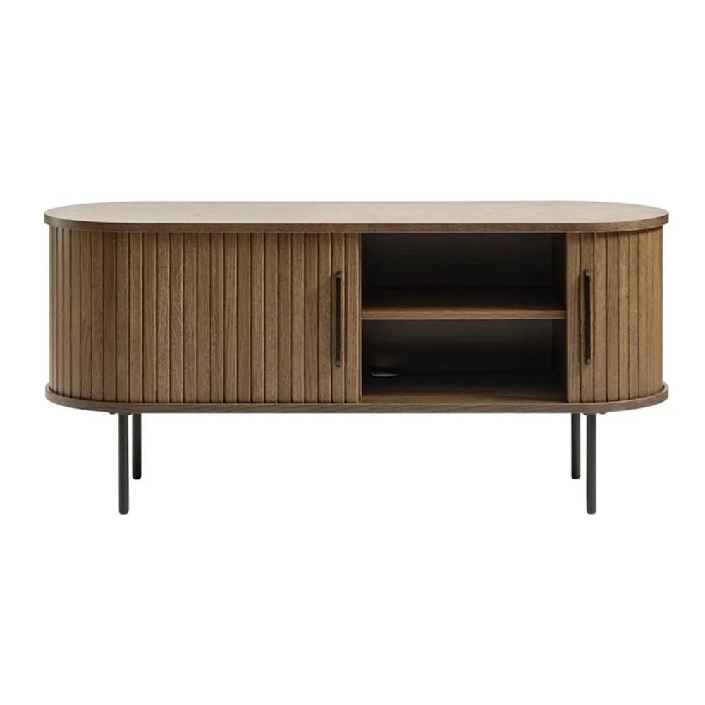 Nola Low Media Console in Smoked Oak open storage front view - low media console by Unique Furniture - Whats New Furniture Portland OR