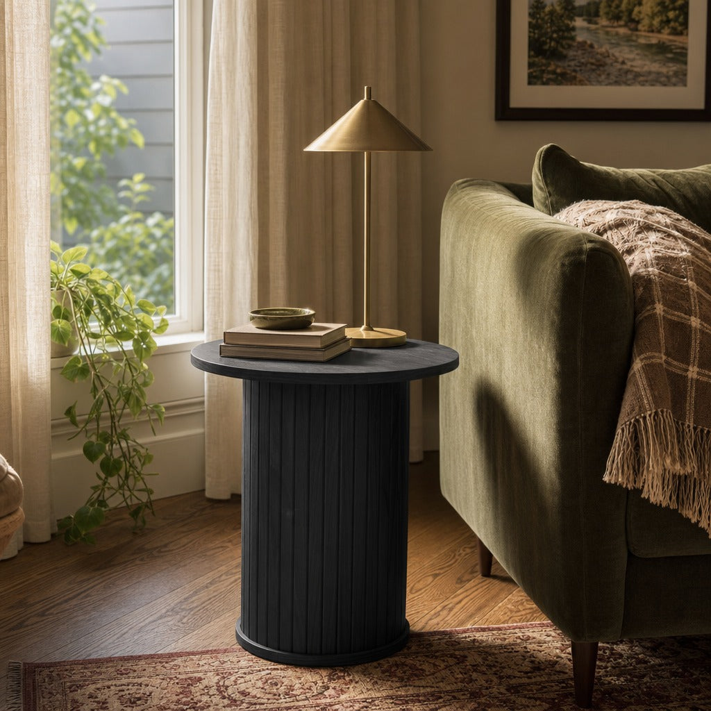 Nola Side Table in Black Oak styled in Portland Sellwood cottage living room - Whats New Furniture