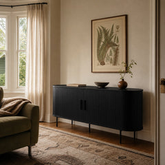 Nola Sideboard in Black Oak styled in Portland Irvington foursquare dining room - Whats New Furniture