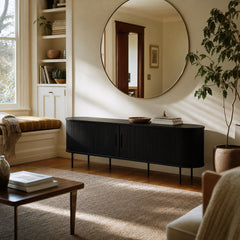 Nola TV Lowboard in Black Oak styled in Portland Mt. Tabor mid-century living room - Whats New Furniture
