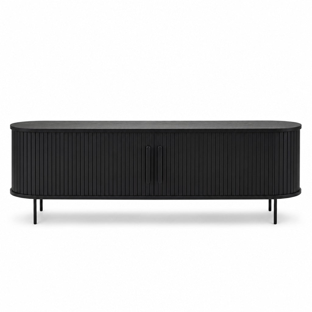 Black fluted oak TV lowboard with curved oval silhouette and sliding tambour doors