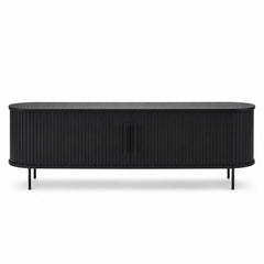 Black fluted oak TV lowboard with curved oval silhouette and sliding tambour doors