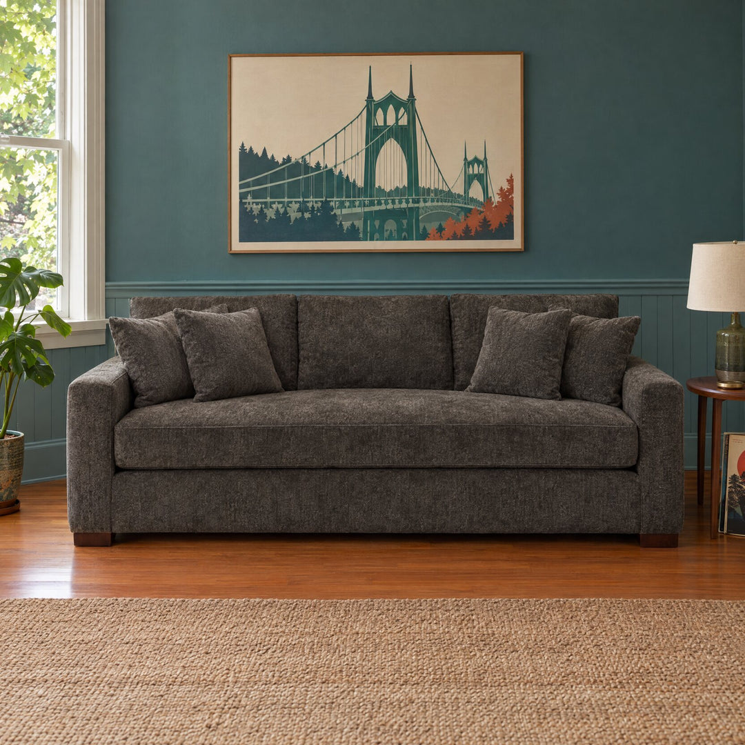 Nova Sofa in King Kong Brindle in a styled NW Portland apartment living room - Whats New Furniture Portland OR