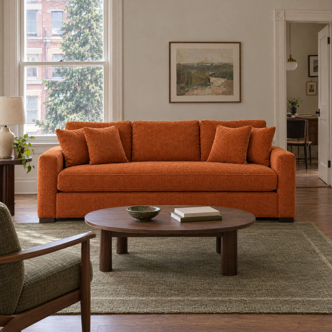 Nova Sofa in Lush Papaya in a styled Alphabet District walk-up apartment living room - Whats New Furniture Portland OR