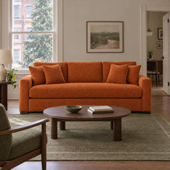 Nova Sofa in Lush Papaya in a styled Alphabet District walk-up apartment living room - Whats New Furniture Portland OR