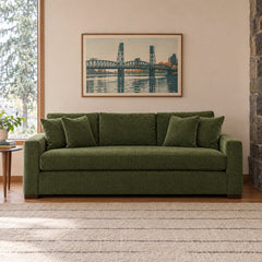 Nova Sofa in Lush Spinach in a styled Mt. Tabor mid-century living room - Whats New Furniture Portland OR