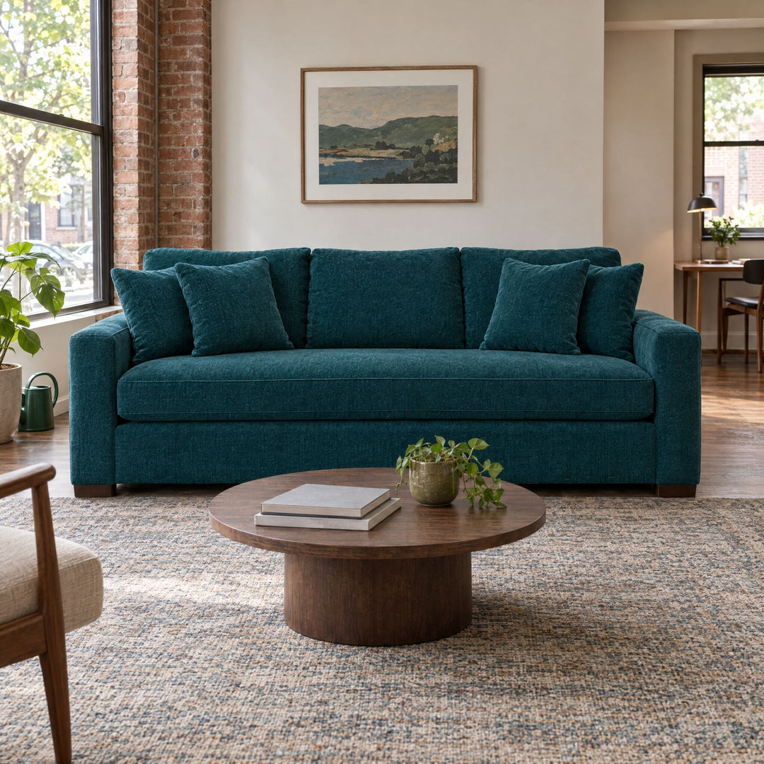 Nova Sofa in Lush Turquoise in a styled Kerns townhouse living room - Whats New Furniture Portland OR