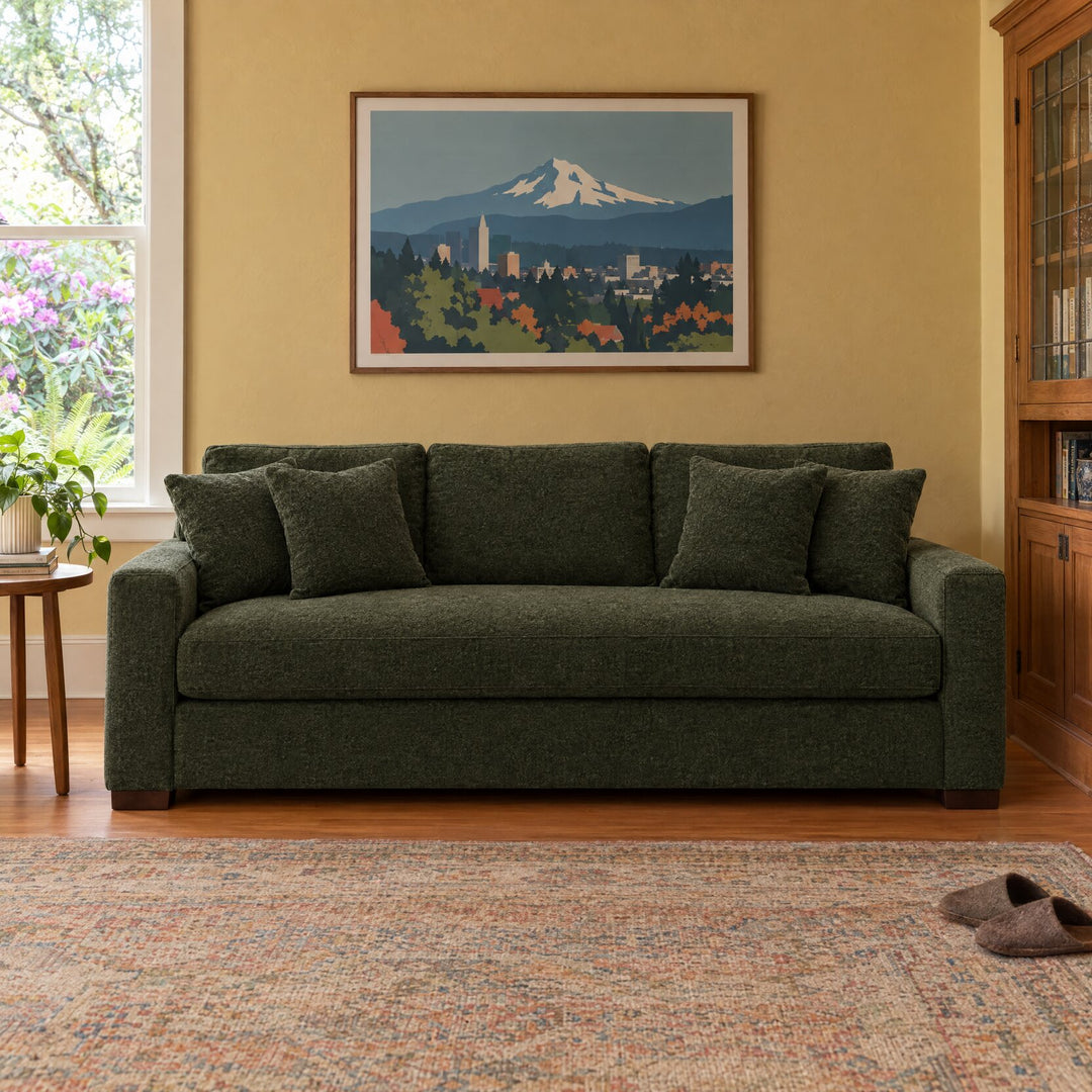 Nova Sofa in Shep Kale in a styled Sellwood bungalow living room - Whats New Furniture Portland OR