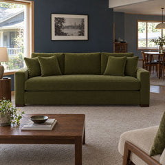 Nova Sofa in Vintage Moss in a styled Beaverton split-level living room - Whats New Furniture Portland OR