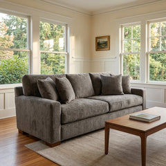 Nova Sofa in King Kong Brindle styled in Portland craftsman living room with wainscoting - Whats New Furniture