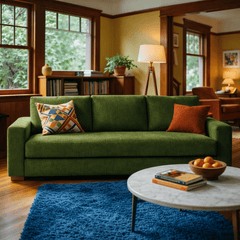 Nova Sofa in Lush Spinach styled in a Portland craftsman living room with blue rug - Whats New Furniture
