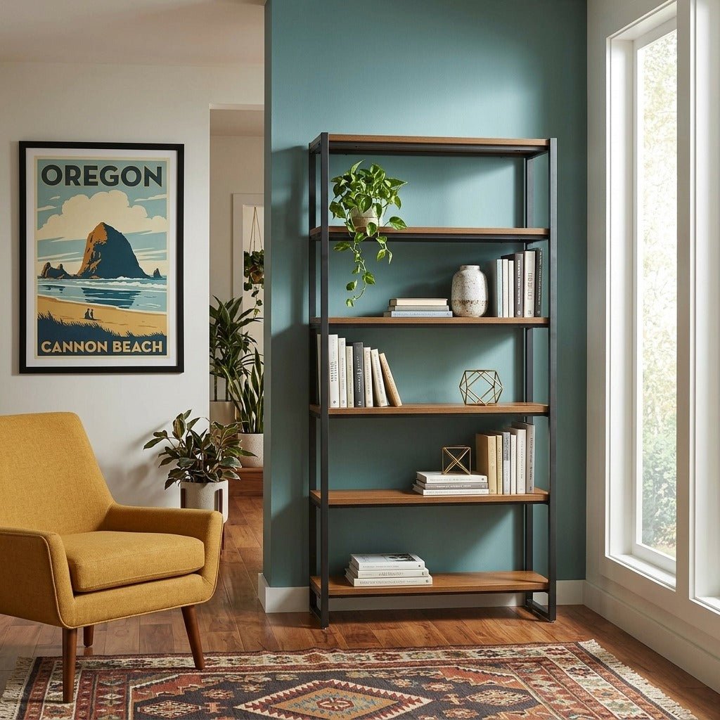 Anderson KD 6 Tier Bookcase in Gliese Brown styled in a bright Portland mid-century modern living room with Oregon coast art - Whats New Furniture