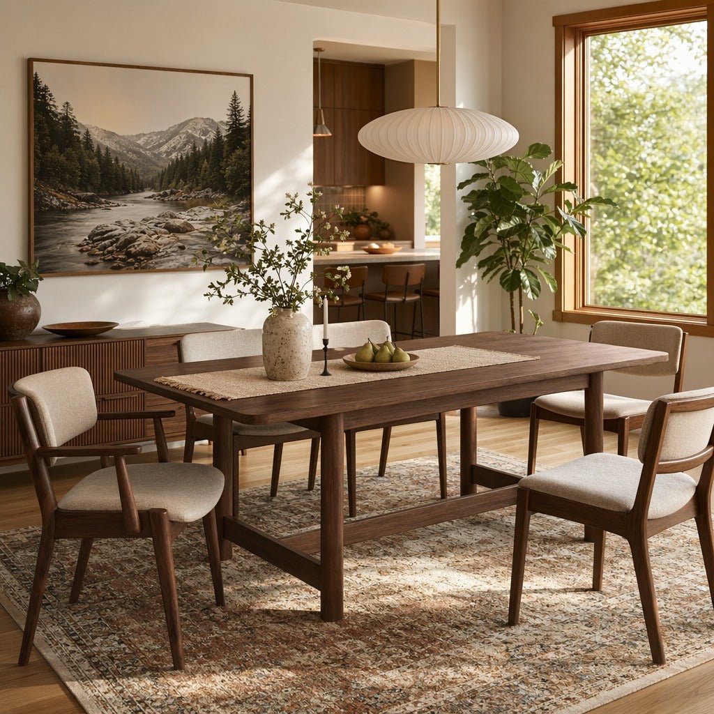 Bloomfield 80-inch Butterfly Dining Table in Dark Walnut styled in a bright Portland mid-century modern dining room - Whats New Furniture
