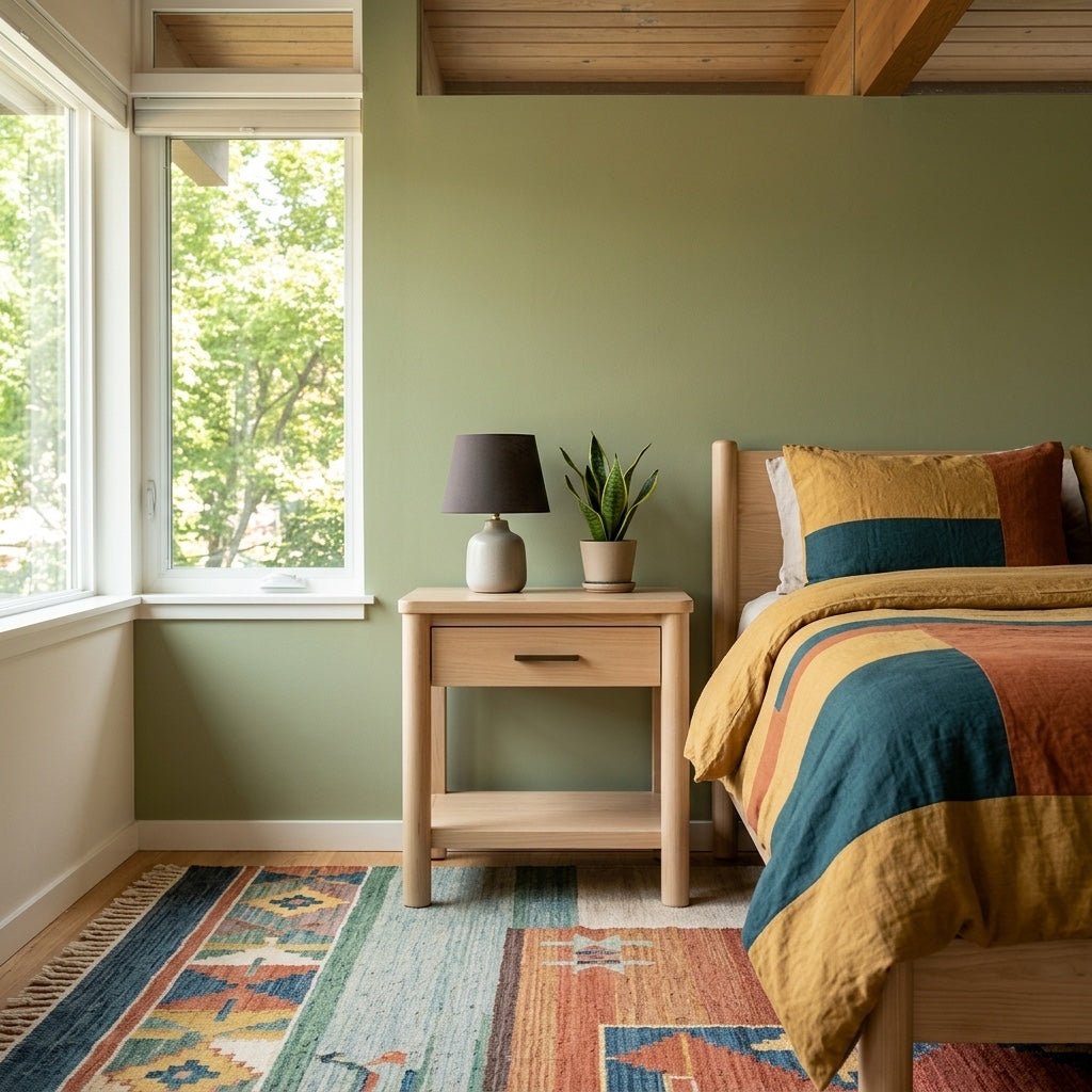 Bloomfield Nightstand styled in a bright Portland mid-century modern bedroom - Whats New Furniture