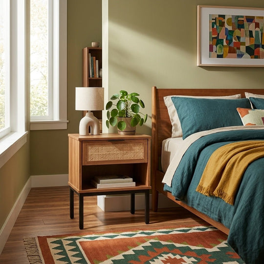 Caine KD Rattan Nightstand/Side Table styled in a bright Portland mid-century modern bedroom - Whats New Furniture