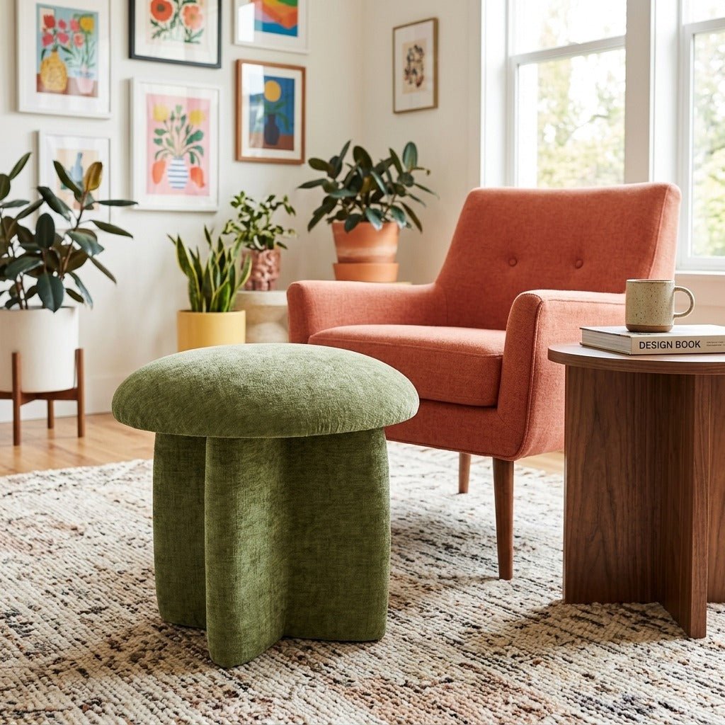 Cielo Chenille Ottoman styled in a bright Portland mid-century modern living room - Whats New Furniture