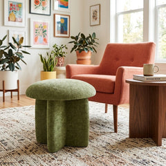 Cielo Chenille Ottoman styled in a bright Portland mid-century modern living room - Whats New Furniture
