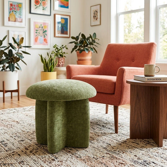 Cielo Chenille Ottoman styled in a bright Portland mid-century modern living room - Whats New Furniture