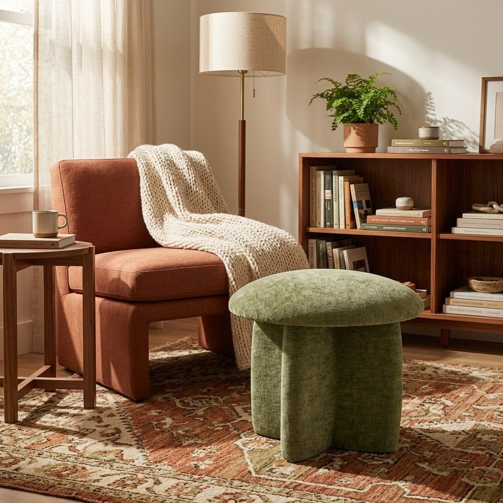 Cielo Chenille Ottoman in a cozy Portland reading nook with warm terracotta accents - Whats New Furniture