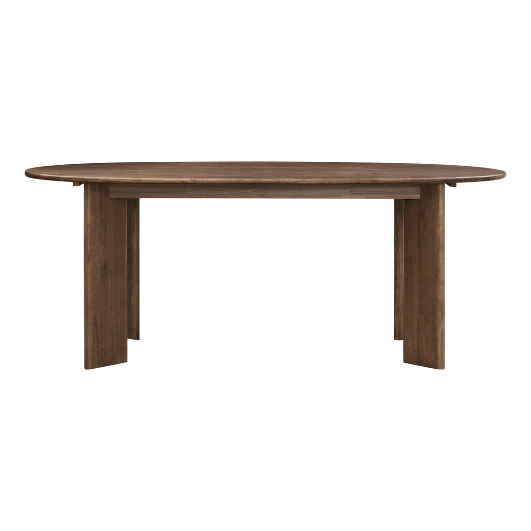 Drego Oval Dining Table in Dark Walnut, front view of the blade pedestal legs - Whats New Furniture