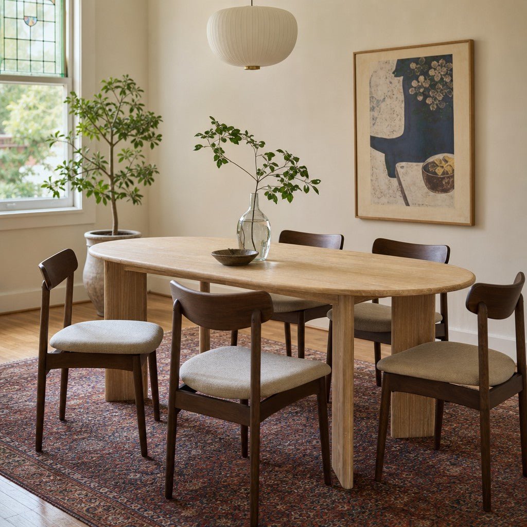 Drego Oval Dining Table in Natural Whitewash with walnut dining chairs in a Portland dining room - Whats New Furniture