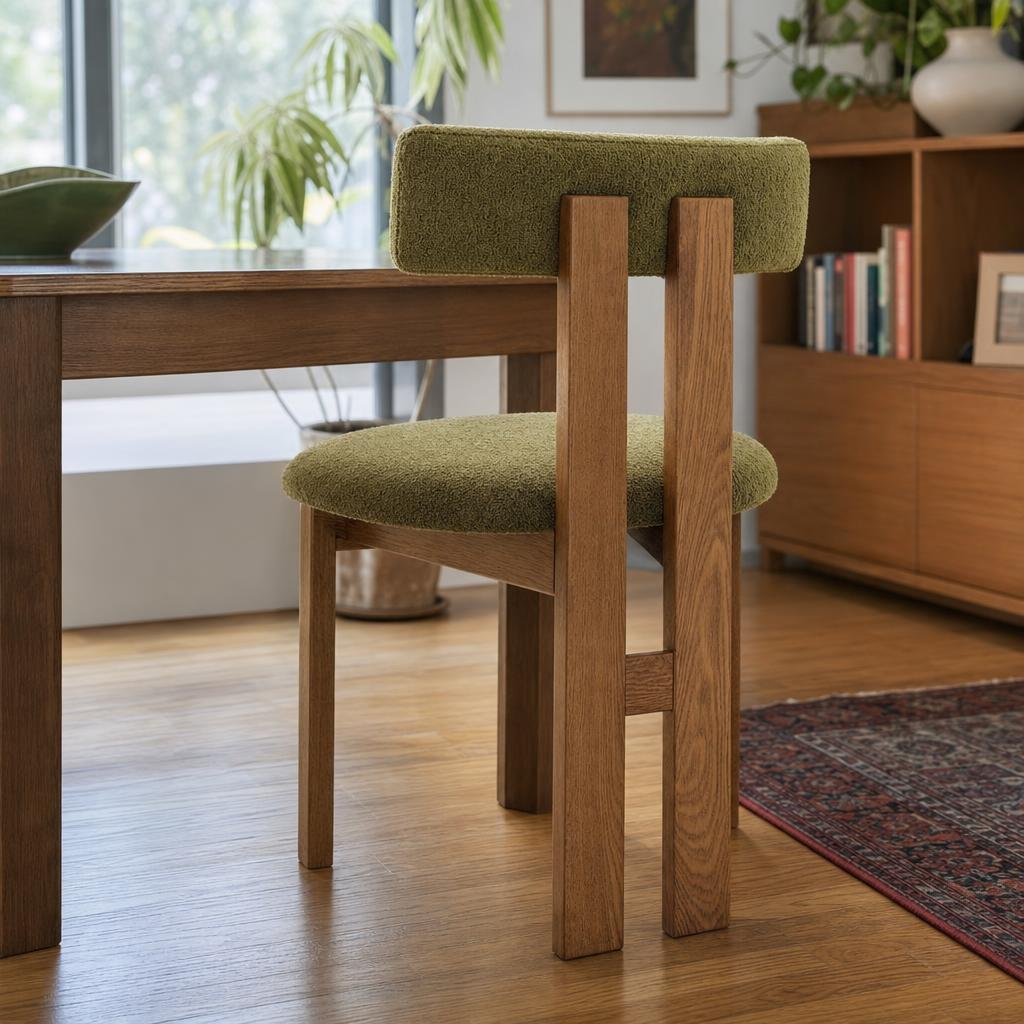 Hailey Dining Side Chair in Palladian Green, bouclé dining chair beside a wood dining table in a Portland home - Whats New Furniture