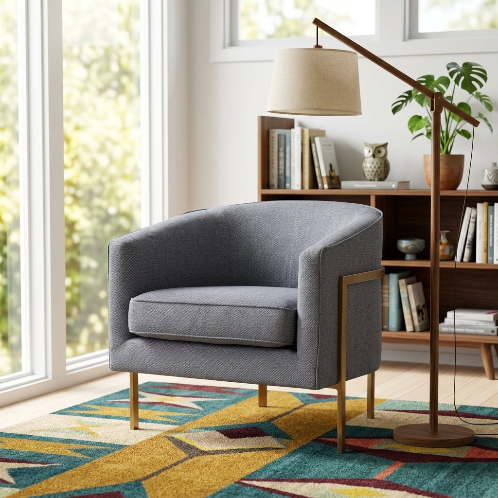 Harrod Accent Arm Chair in Tweed Gray styled in a bright Portland room - Whats New Furniture