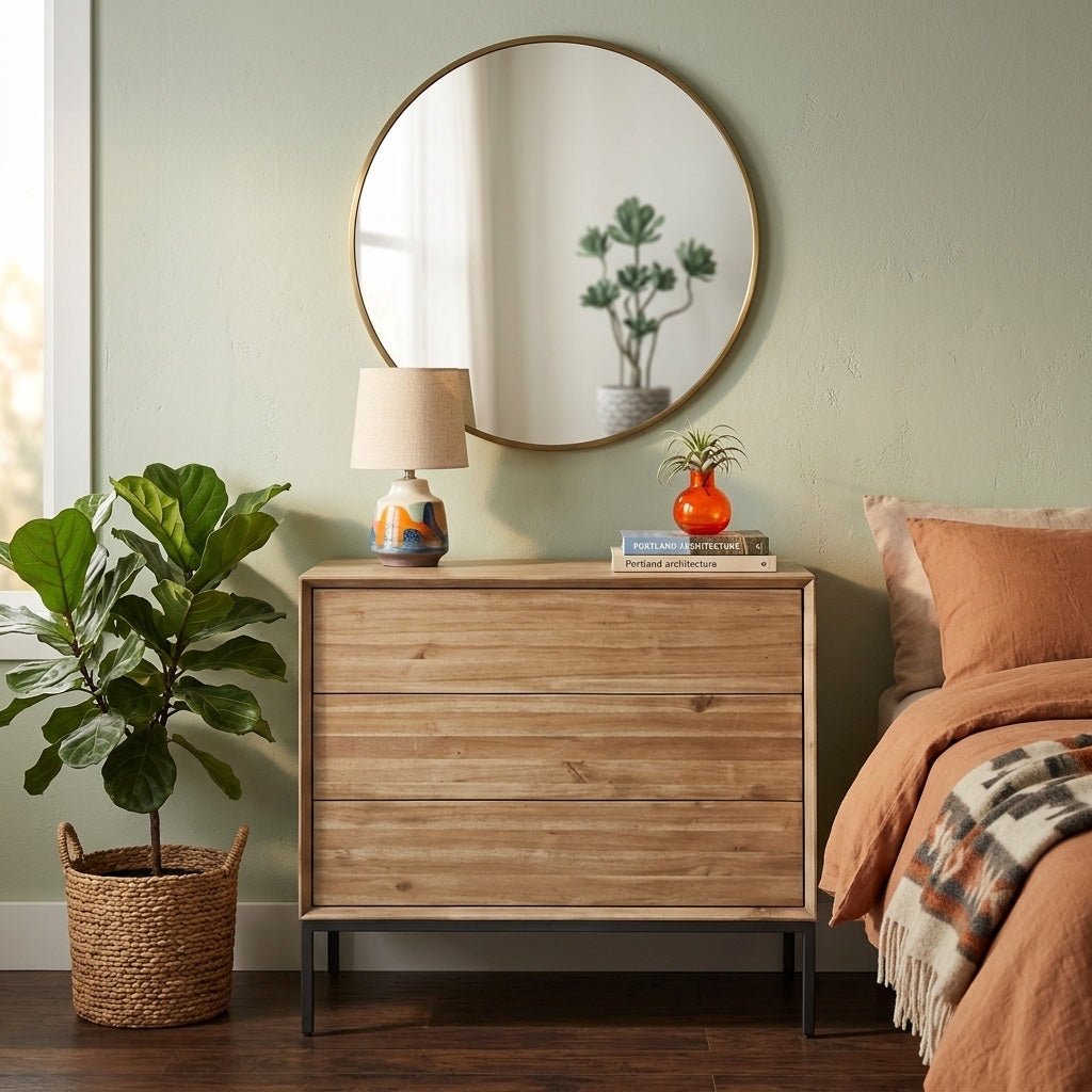 Hathaway 3-Drawer Chest styled in a bright Portland mid-century modern interior - Whats New Furniture