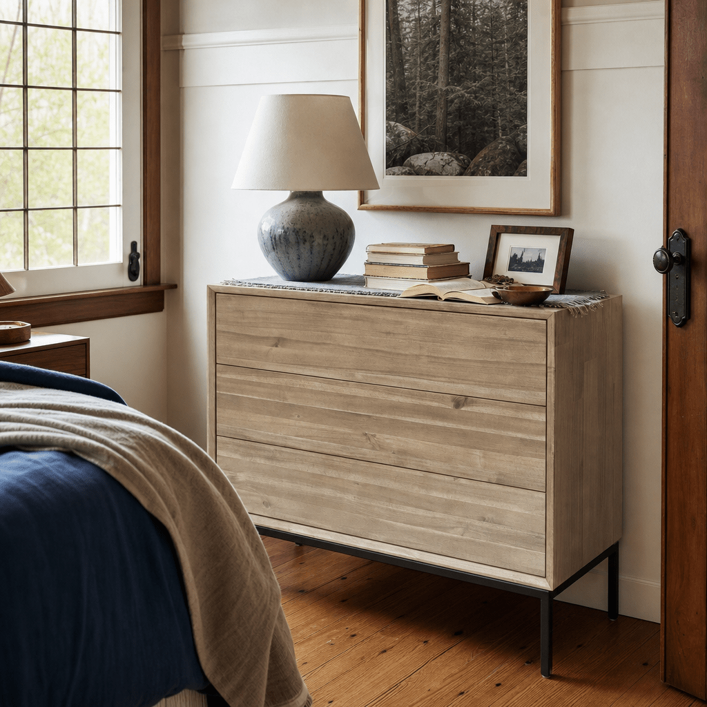 Drifted Sand Hathaway 3-Drawer Chest in Portland bedroom with white shiplap and navy bedding - Whats New Furniture