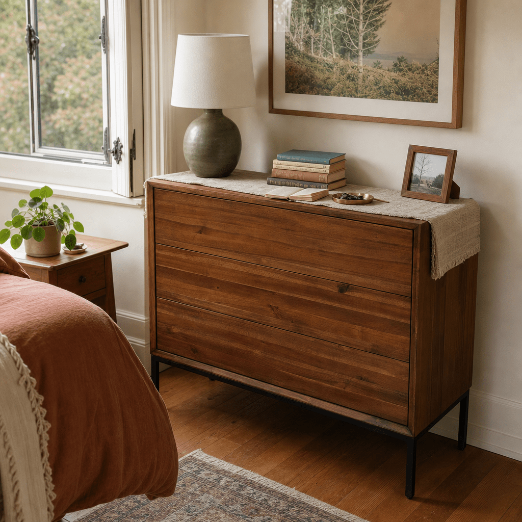 Newton Brown Hathaway 3-Drawer Chest in Portland bedroom with terracotta linens - Whats New Furniture