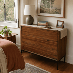 Newton Brown Hathaway 3-Drawer Chest in Portland bedroom with terracotta linens - Whats New Furniture