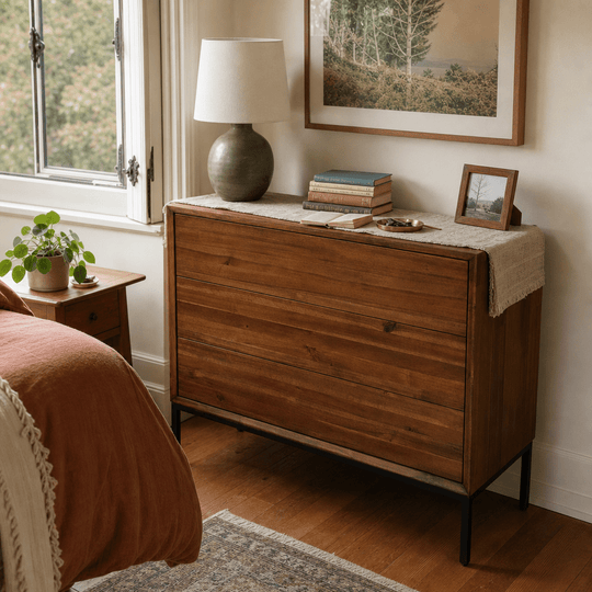 Newton Brown Hathaway 3-Drawer Chest in Portland bedroom with terracotta linens - Whats New Furniture