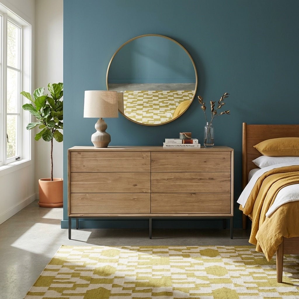 Hathaway KD Dresser 6 Drawers styled in a bright Portland mid-century modern bedroom - Whats New Furniture