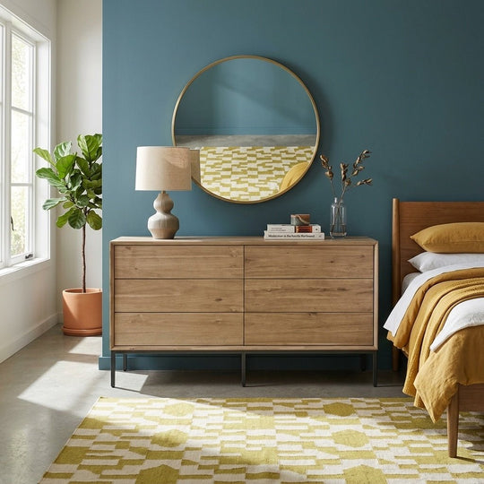 Hathaway KD Dresser 6 Drawers styled in a bright Portland mid-century modern bedroom - Whats New Furniture