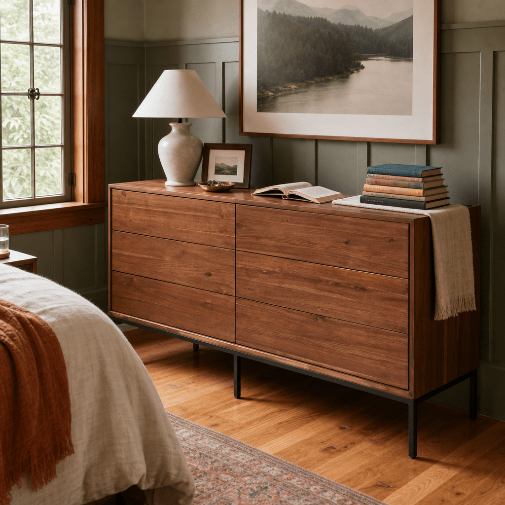 Newton Brown Hathaway 6-Drawer Dresser in Portland Craftsman bedroom with forest-green wainscot - Whats New Furniture