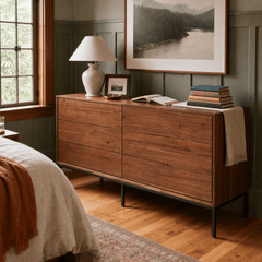 Newton Brown Hathaway 6-Drawer Dresser in Portland Craftsman bedroom with forest-green wainscot - Whats New Furniture