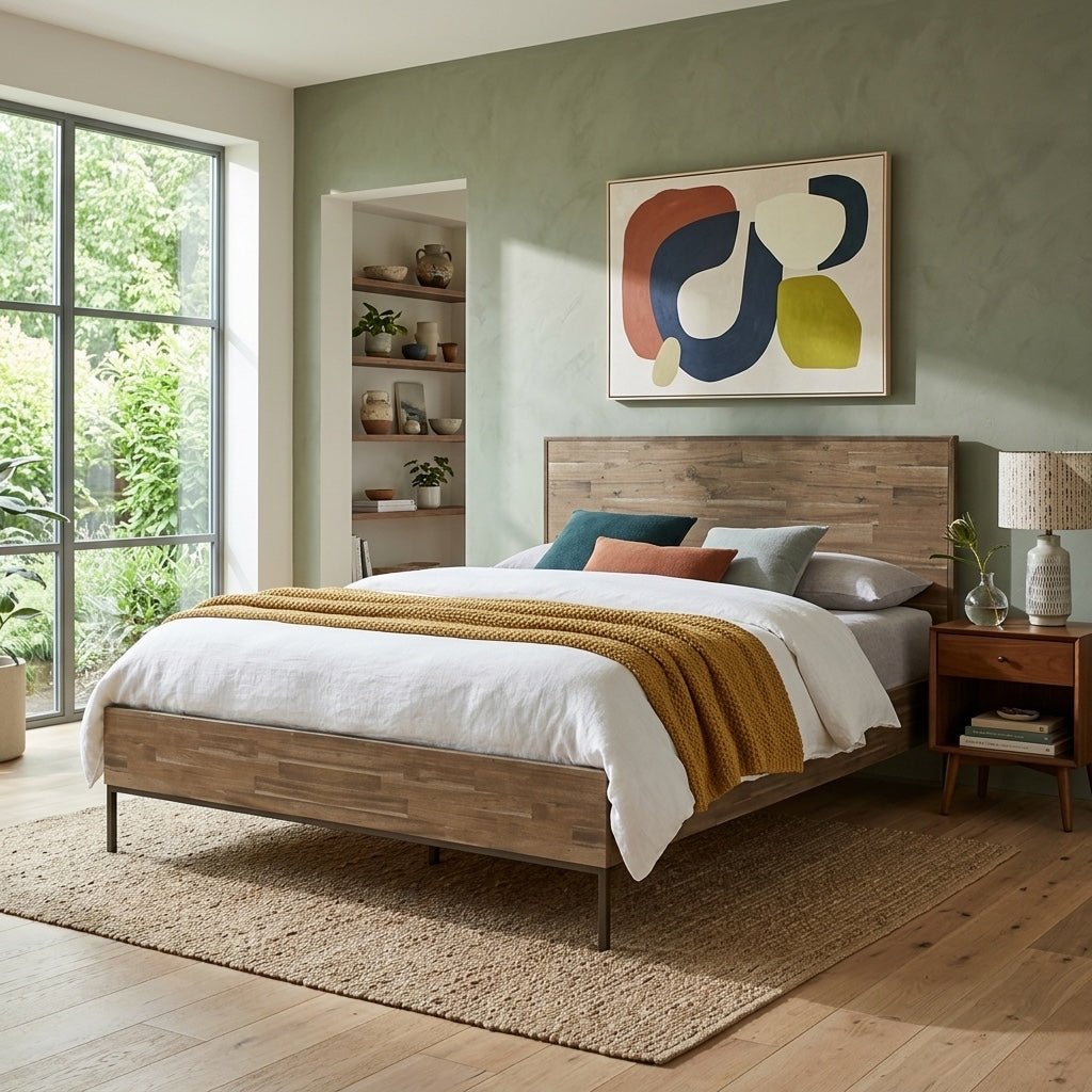 Hathaway Queen Bed styled in a bright Portland mid-century modern bedroom - Whats New Furniture