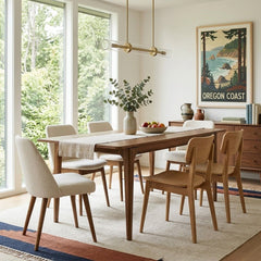 Hereford 71-inch Butterfly Dining Table in Hazelnut Brown styled in a bright Portland mid-century modern dining room - Whats New Furniture