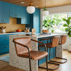 Indy Leather Counter Stool styled in a bright Portland mid-century modern interior - Whats New Furniture