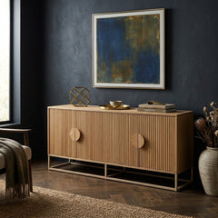 Ingrid Sideboard styled in a moody Portland mid-century modern living room - Whats New Furniture