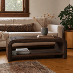 Kyran Rattan Coffee Table in Espresso Brown styled in a Portland living room - Whats New Furniture