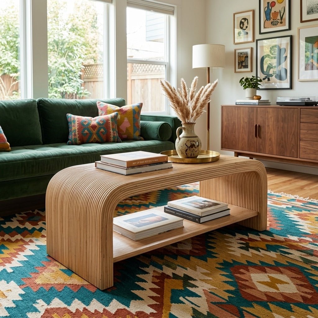 Kyran Rattan Coffee Table styled in a bright Portland mid-century modern living room - Whats New Furniture