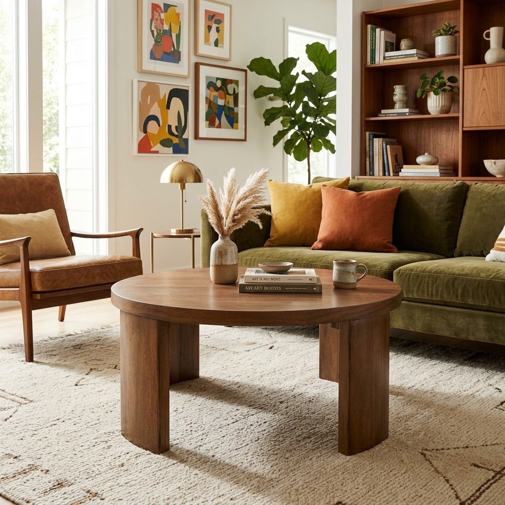 Londyn Round Coffee Table styled in a bright Portland mid-century modern living room - Whats New Furniture