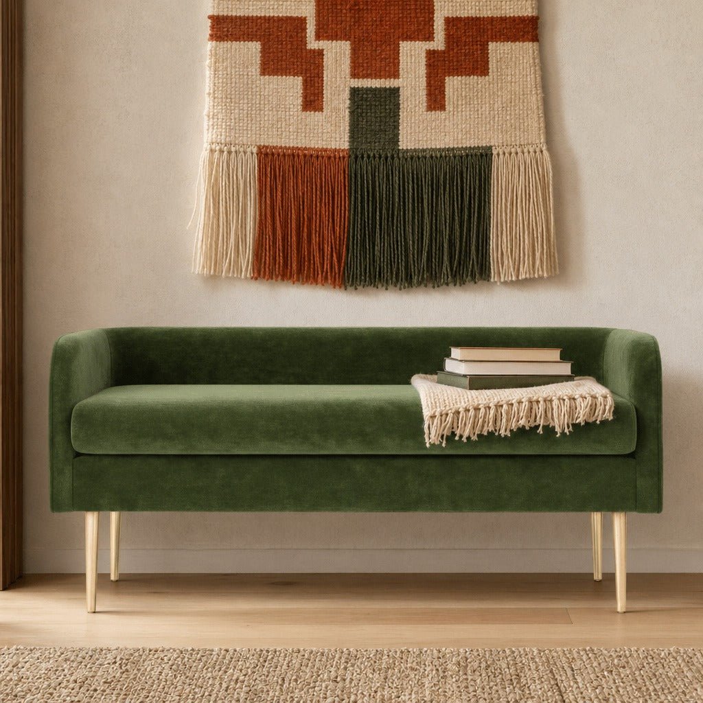 Marsha Velvet Bench in Dainty Green room setting - velvet bench by NPD - Whats New Furniture Portland OR