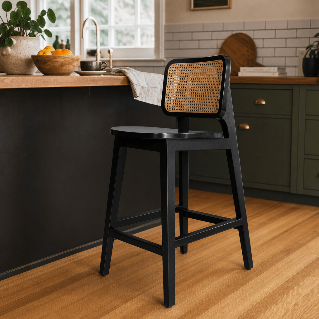 Maury Counter Stool in Black with Cane Rattan styled in a Portland Craftsman kitchen - Whats New Furniture