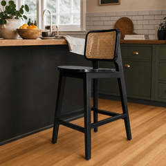 Maury Counter Stool in Black with Cane Rattan styled in a Portland Craftsman kitchen - Whats New Furniture