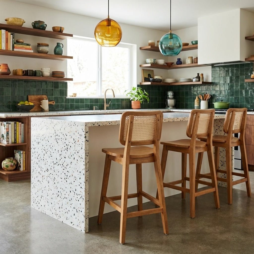 Maury Counter Stool w/ Rattan styled in a bright Portland mid-century modern kitchen - Whats New Furniture